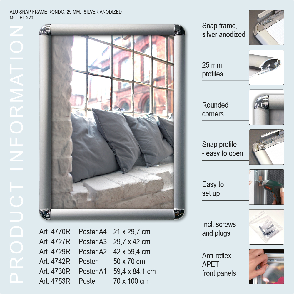 Klapprahmen, Rondo, Silber, 25 mm Aluminiumprofil