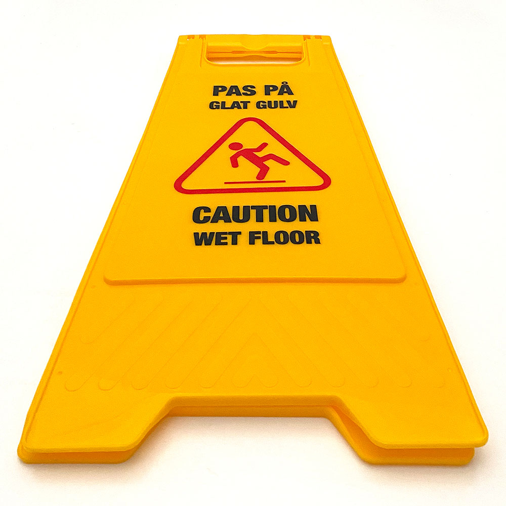 Warnschild „Caution Wet Floor“, Warnschild, Dänisch und Englisch