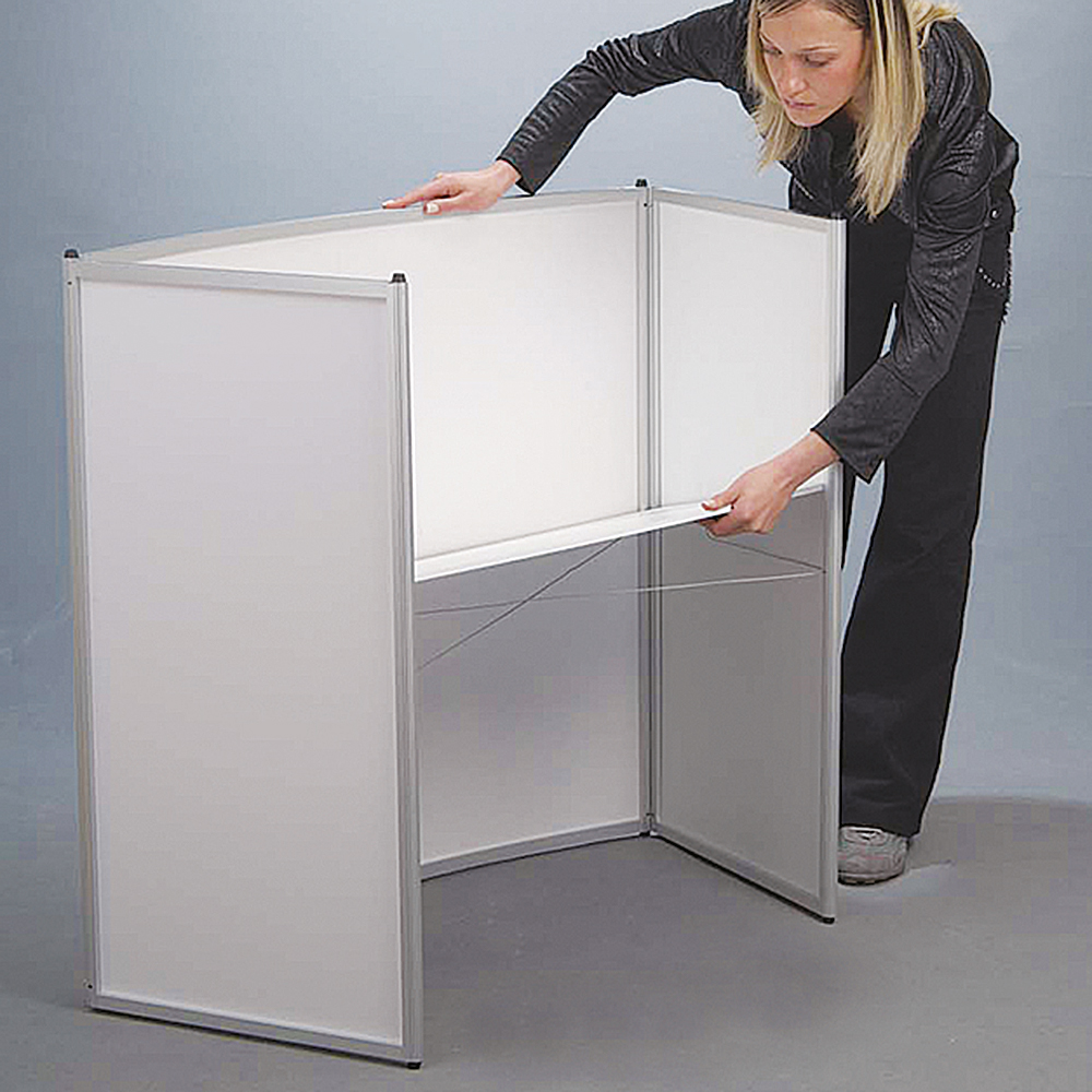 Messetheke, gebogen, Tischplatte in Holzoptik, Ohne Druck