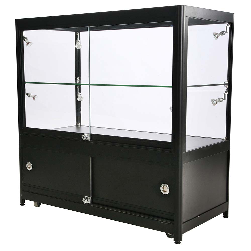 Vitrine, Showcase Counter Duo, Mit LED-Beleuchtung, Schloss und Unterschrank, Schwarz