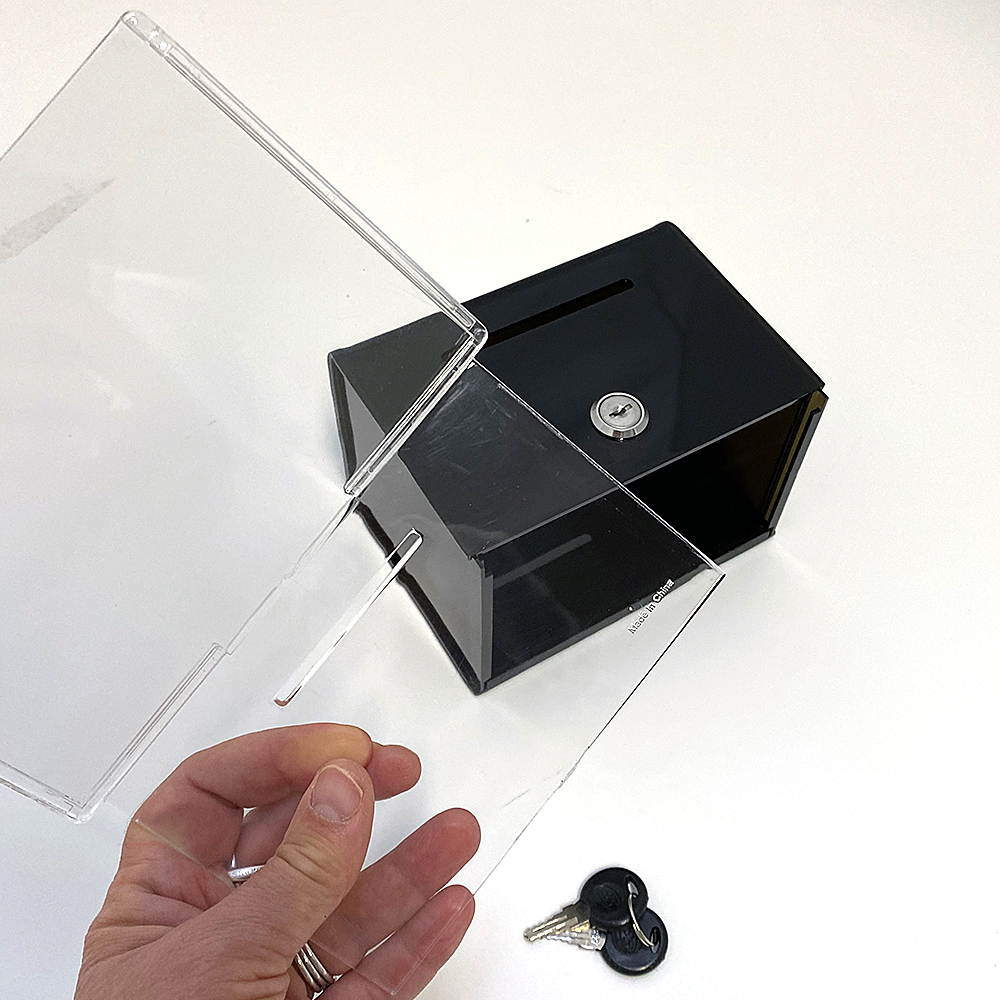 Tippkasten / Vorschlagskasten mit Acrylhalterung, Schwarzes Acryl