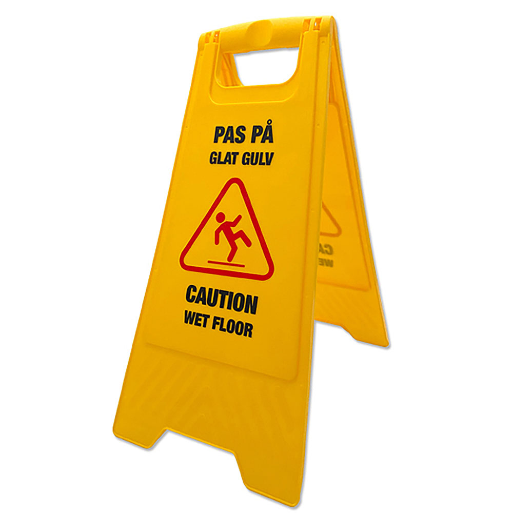 Warnschild „Caution Wet Floor“, Warnschild, Dänisch und Englisch