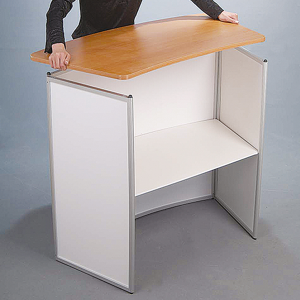 Messetheke, gebogen, Tischplatte in Holzoptik, Ohne Druck