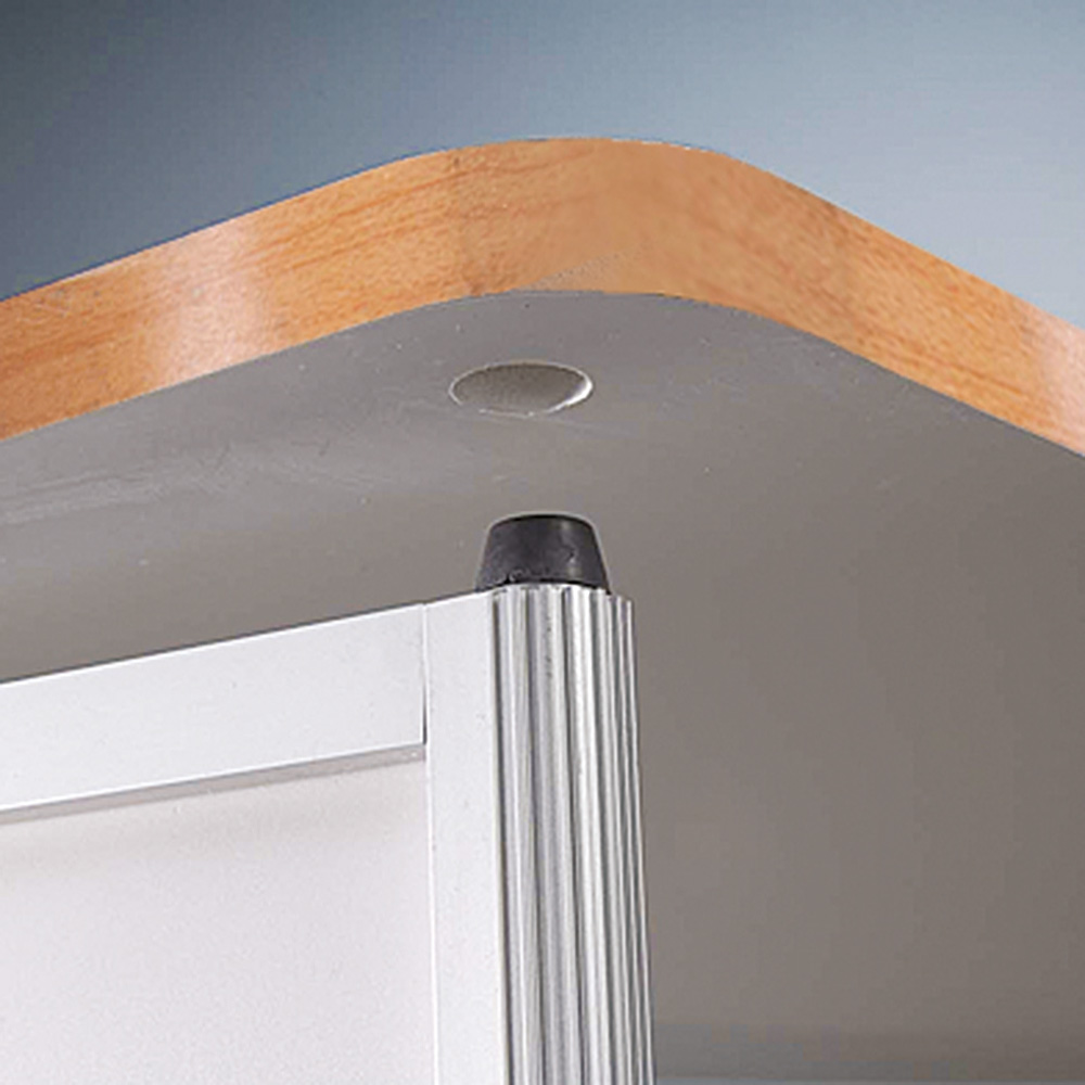 Messetheke, gebogen, Tischplatte in Holzoptik, Ohne Druck