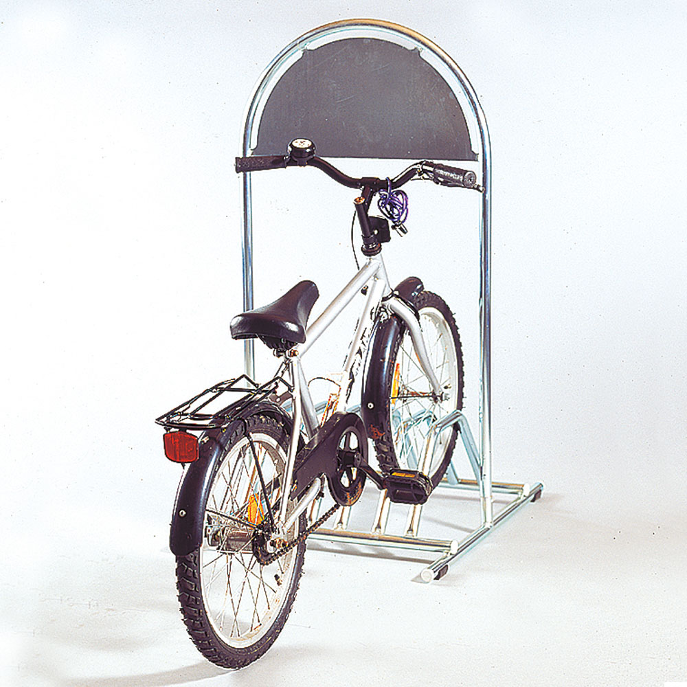 Kundenstopper mit Fahrradhalter und Logoschild, Expo Gotik