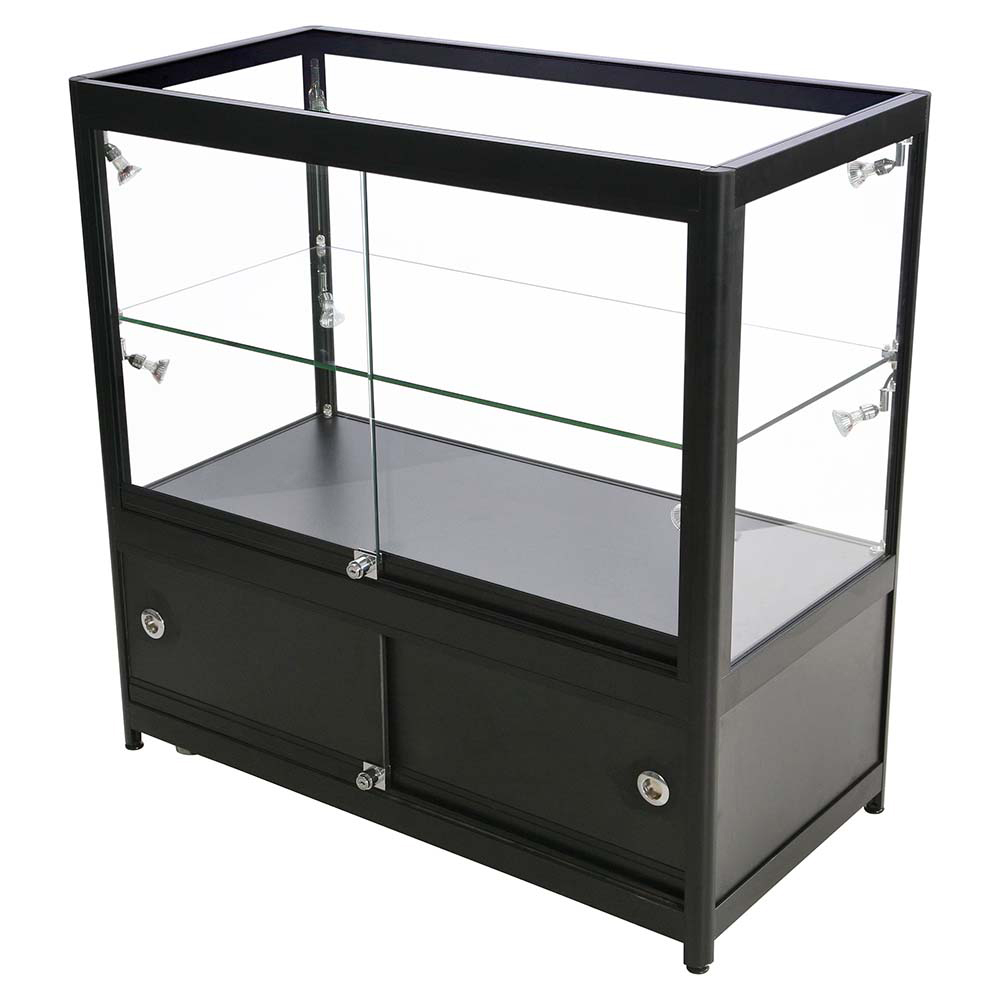Vitrine, Showcase Counter Duo, Mit LED-Beleuchtung, Schloss und Unterschrank, Schwarz