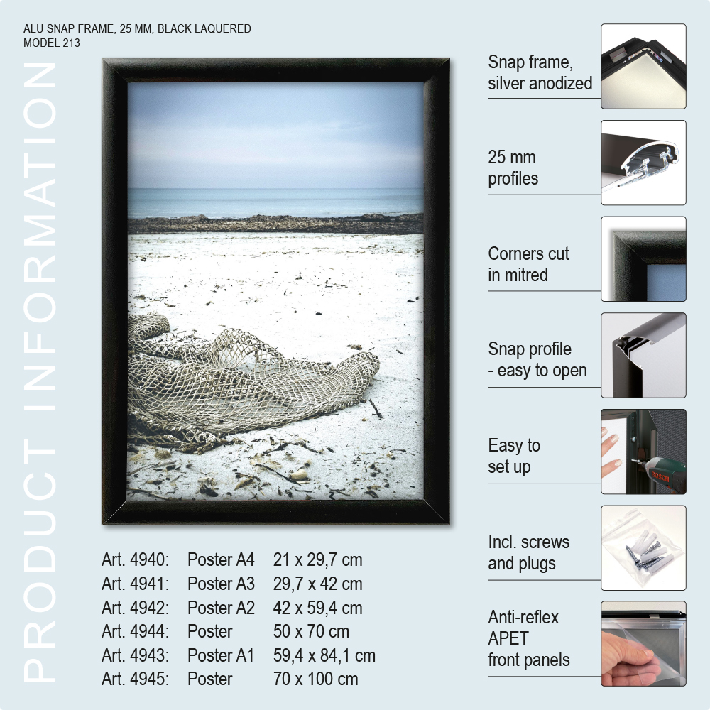 Klapprahmen, 25 mm Profil, Schwarz, A2 - 42 x 59,4 cm