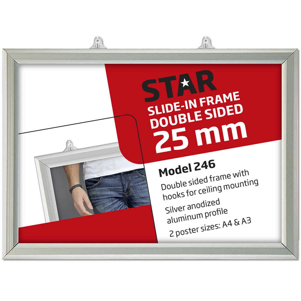 Rahmen, Slide-in, doppeltseitig, horizontal, 25 mm Aluminiumprofil, Silber, A3 - 29,7 x 42 cm