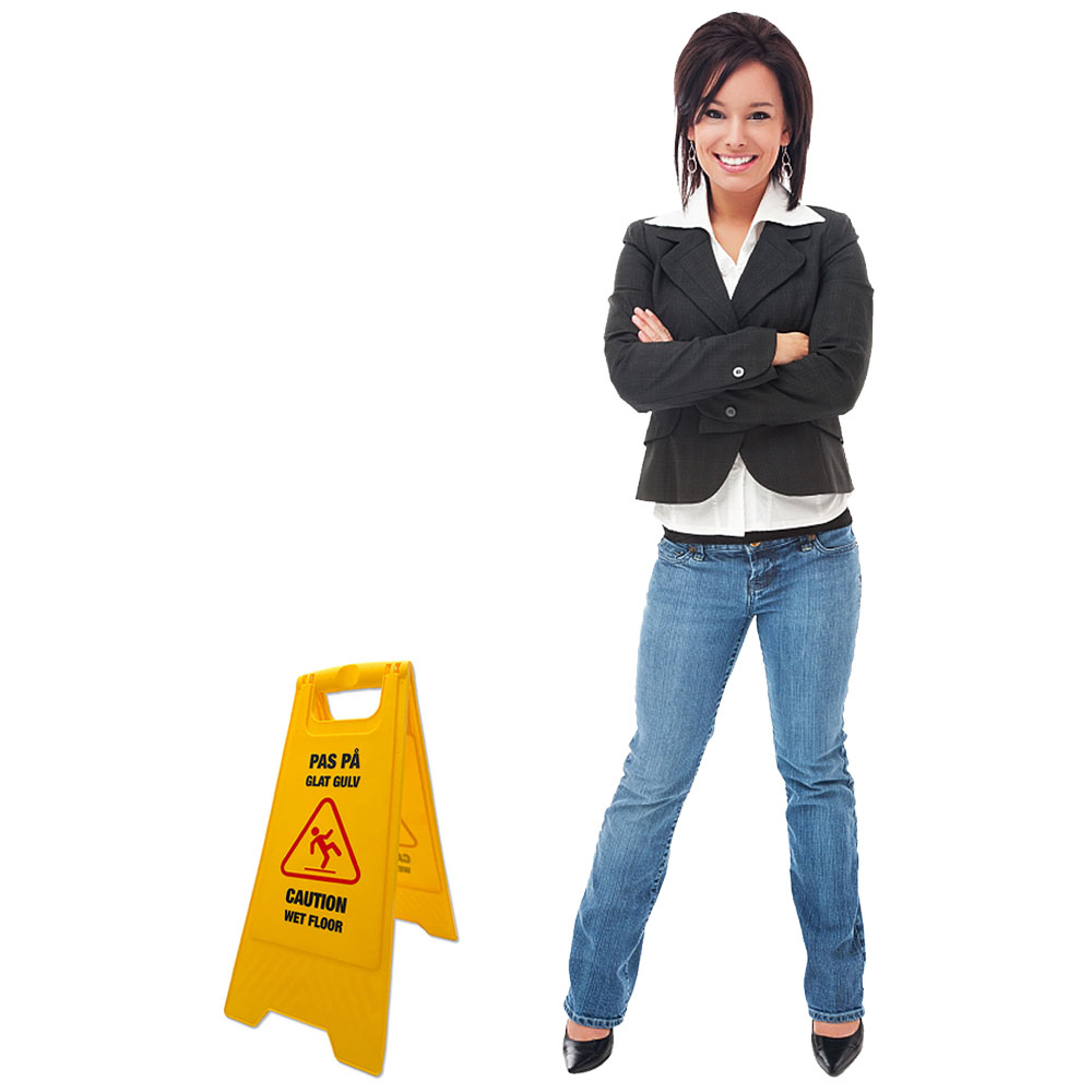 Warnschild „Caution Wet Floor“, Warnschild, Dänisch und Englisch